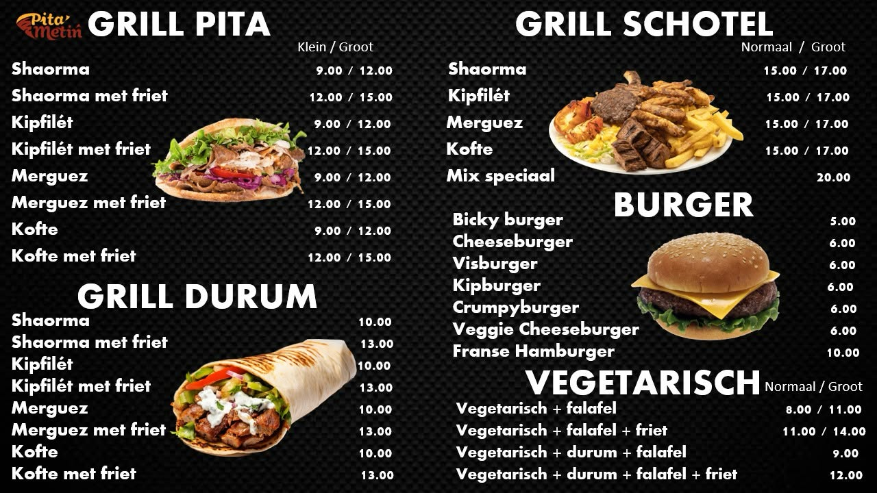 Menukaart met grill pita, grill schotels, burgers en vegetarische opties
