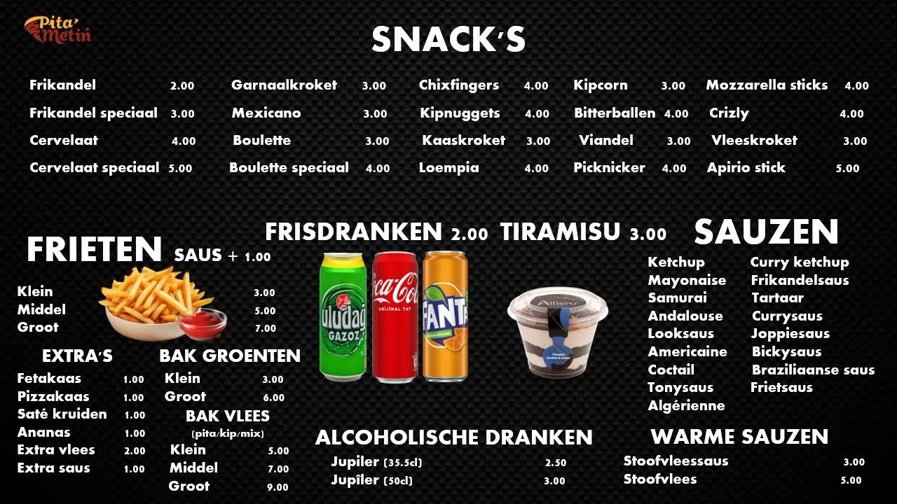 Menukaart met snacks, frieten, sauzen en dranken